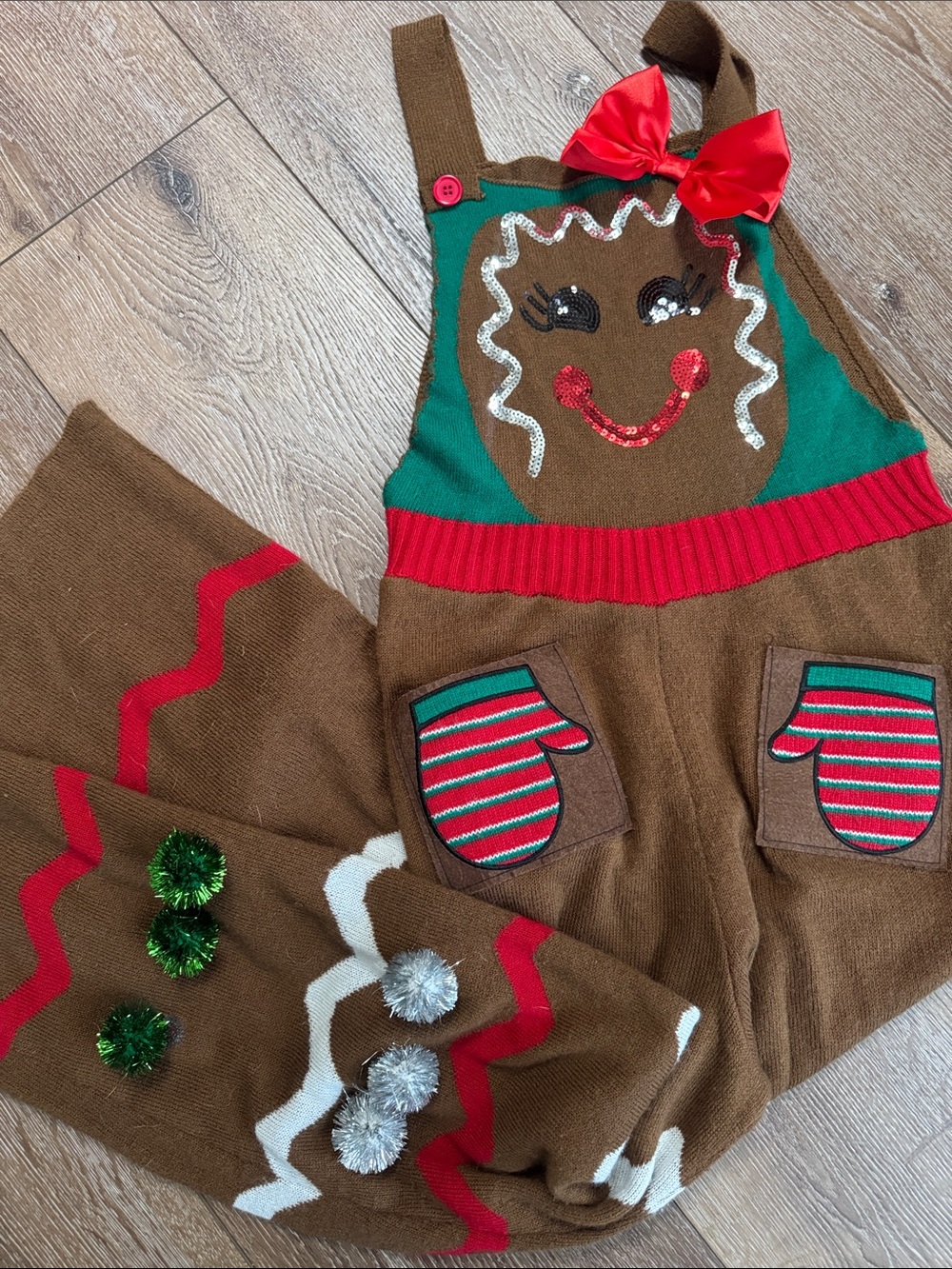Christmas gingerbread knit overalls medium